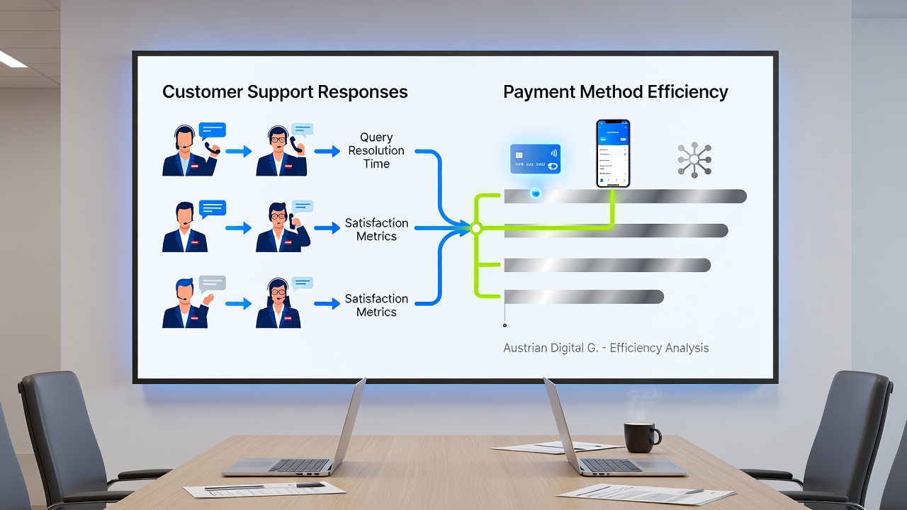 Support team dashboard displaying response time analytics alongside transaction success rates for Austrian users